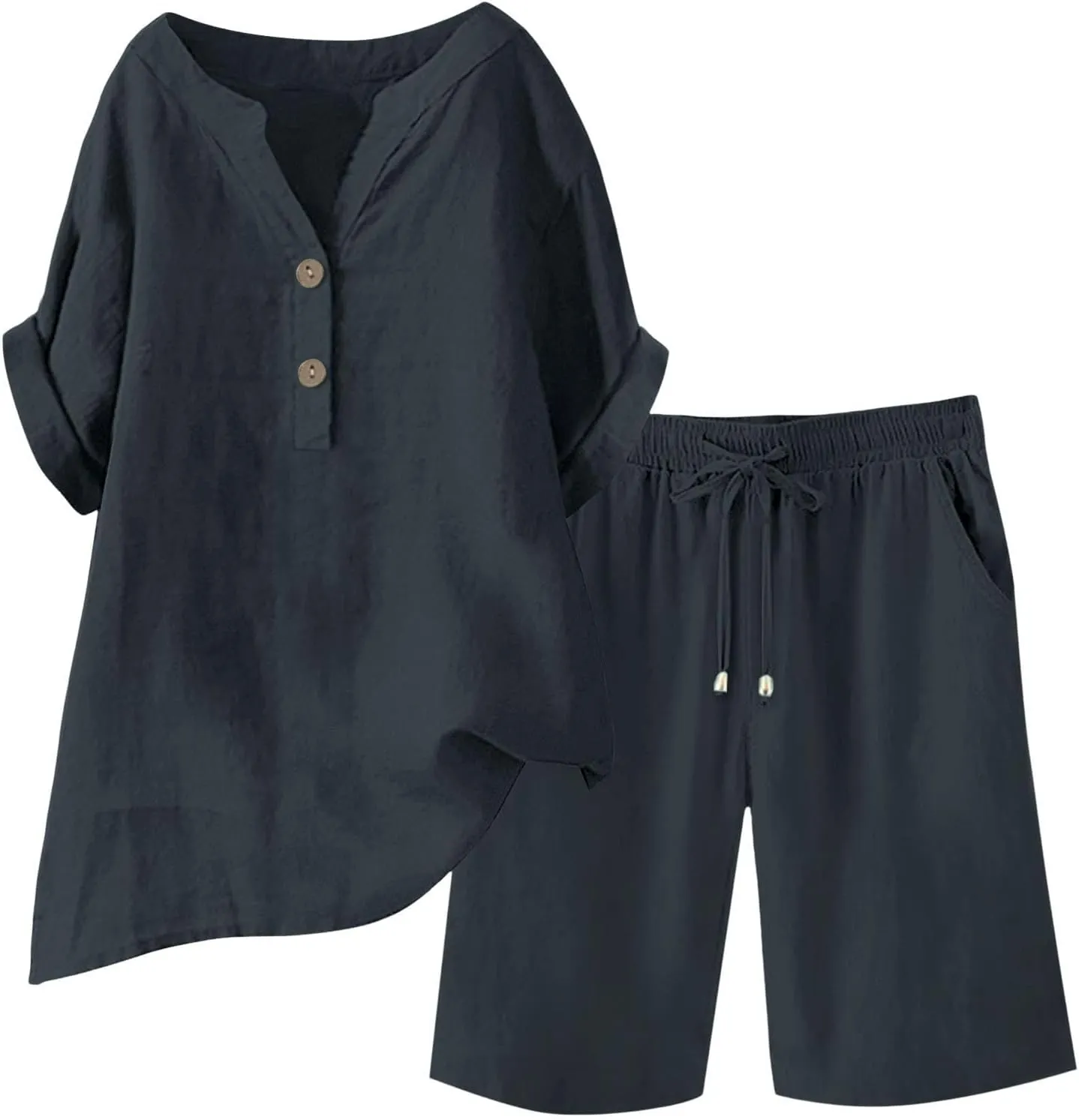Dgoopd Two Piece Sets for Women Shorts Outfits Short Sleeve V Neck Button up Shirt and Drawstring Shorts Sets Lounge Outfits