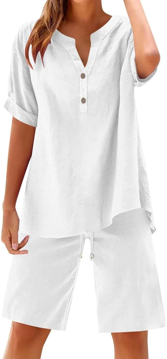 Dgoopd Two Piece Sets for Women Shorts Outfits Short Sleeve V Neck Button up Shirt and Drawstring Shorts Sets Lounge Outfits