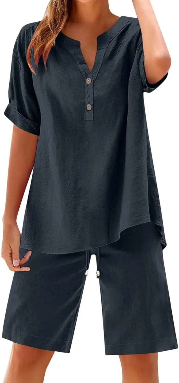 Dgoopd Two Piece Sets for Women Shorts Outfits Short Sleeve V Neck Button up Shirt and Drawstring Shorts Sets Lounge Outfits