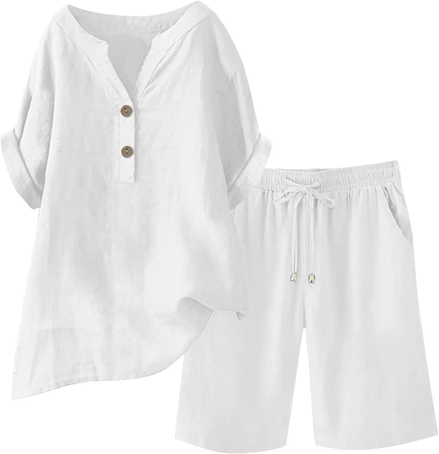 Dgoopd Two Piece Sets for Women Shorts Outfits Short Sleeve V Neck Button up Shirt and Drawstring Shorts Sets Lounge Outfits