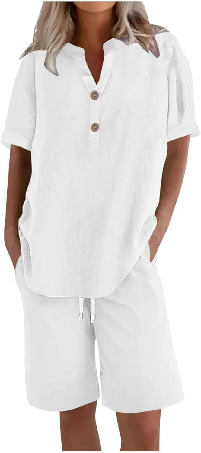Dgoopd Two Piece Sets for Women Shorts Outfits Short Sleeve V Neck Button up Shirt and Drawstring Shorts Sets Lounge Outfits