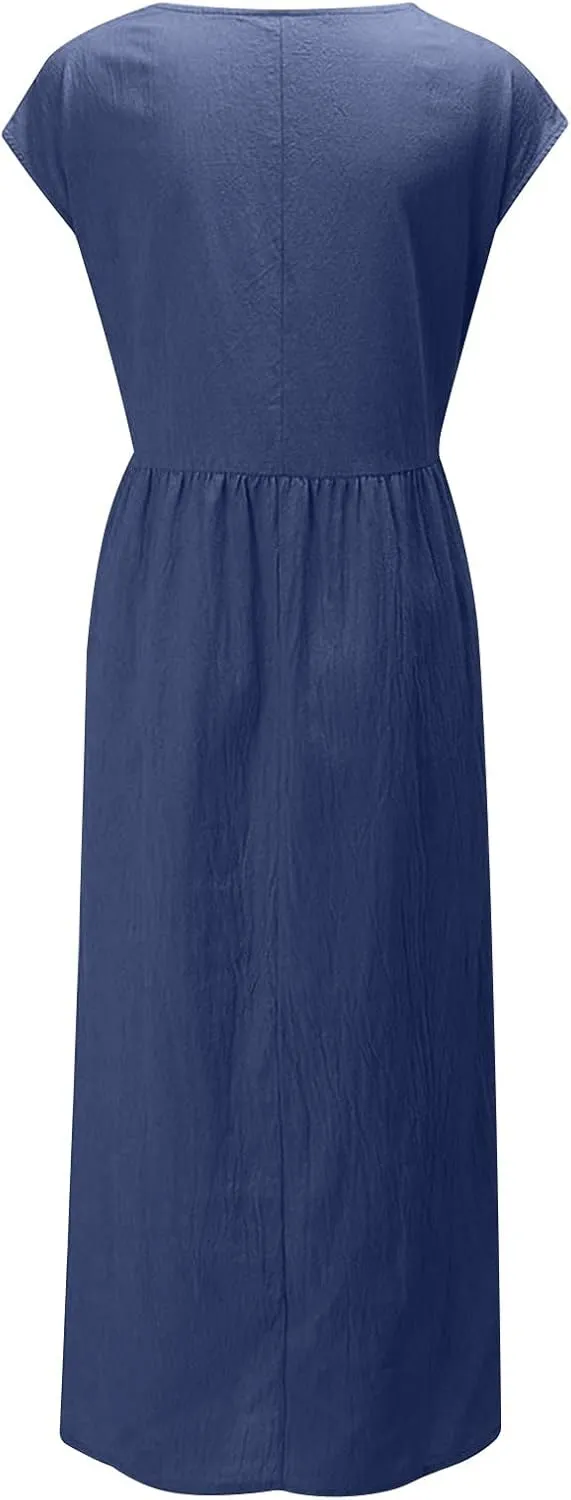 Dresses for Women 2025 Summer Plus Size Cotton Linen Solid Dress Crew Neck Loose Casual Beach Vacation Midi Dress