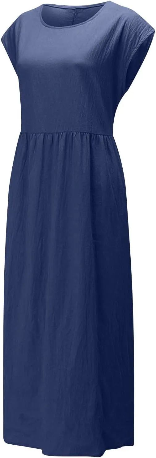 Dresses for Women 2025 Summer Plus Size Cotton Linen Solid Dress Crew Neck Loose Casual Beach Vacation Midi Dress