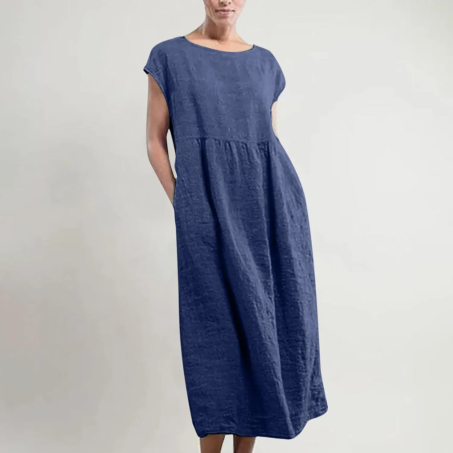 Dresses for Women 2025 Summer Plus Size Cotton Linen Solid Dress Crew Neck Loose Casual Beach Vacation Midi Dress