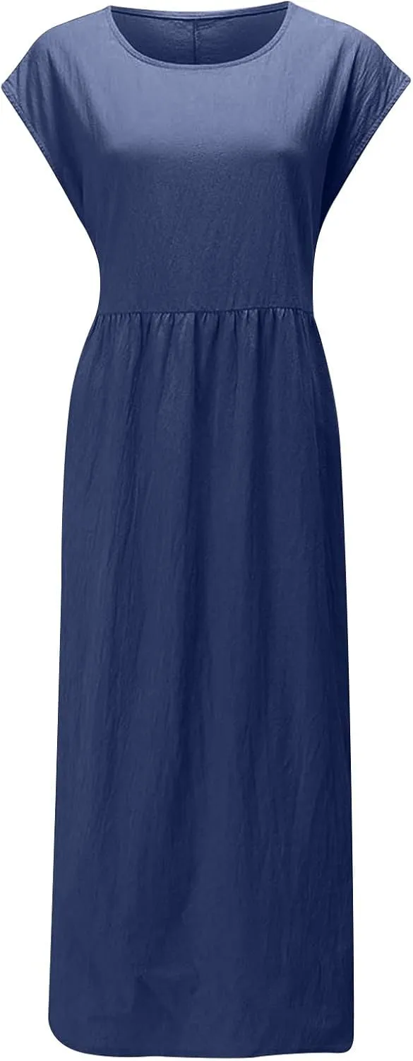 Dresses for Women 2025 Summer Plus Size Cotton Linen Solid Dress Crew Neck Loose Casual Beach Vacation Midi Dress