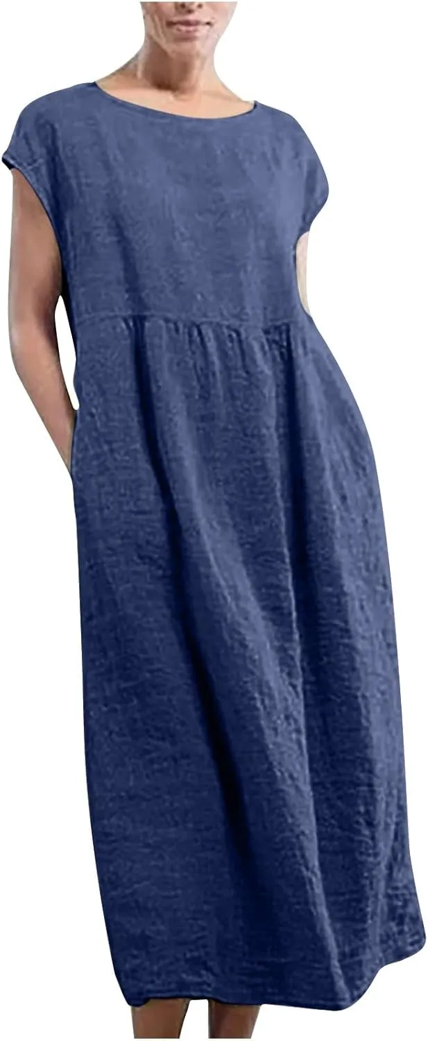 Dresses for Women 2025 Summer Plus Size Cotton Linen Solid Dress Crew Neck Loose Casual Beach Vacation Midi Dress