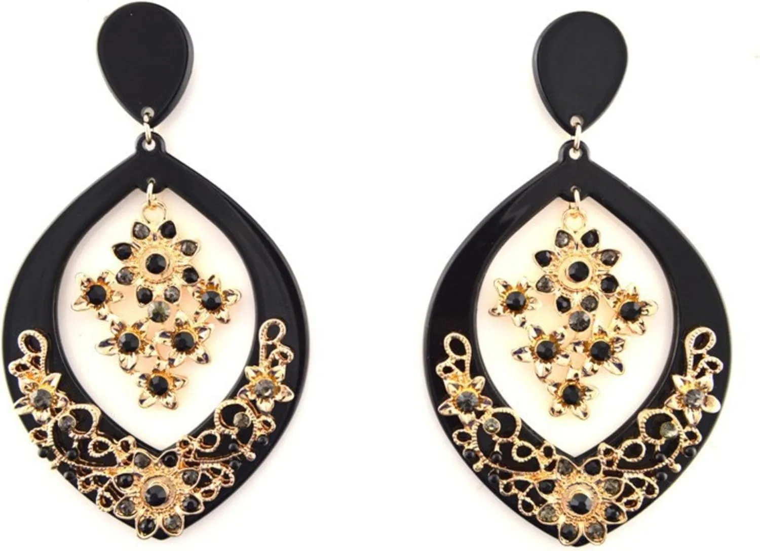 Drop Chandelier Vintage Flower Resin Crystal Earrings / AZERFH215-GBK