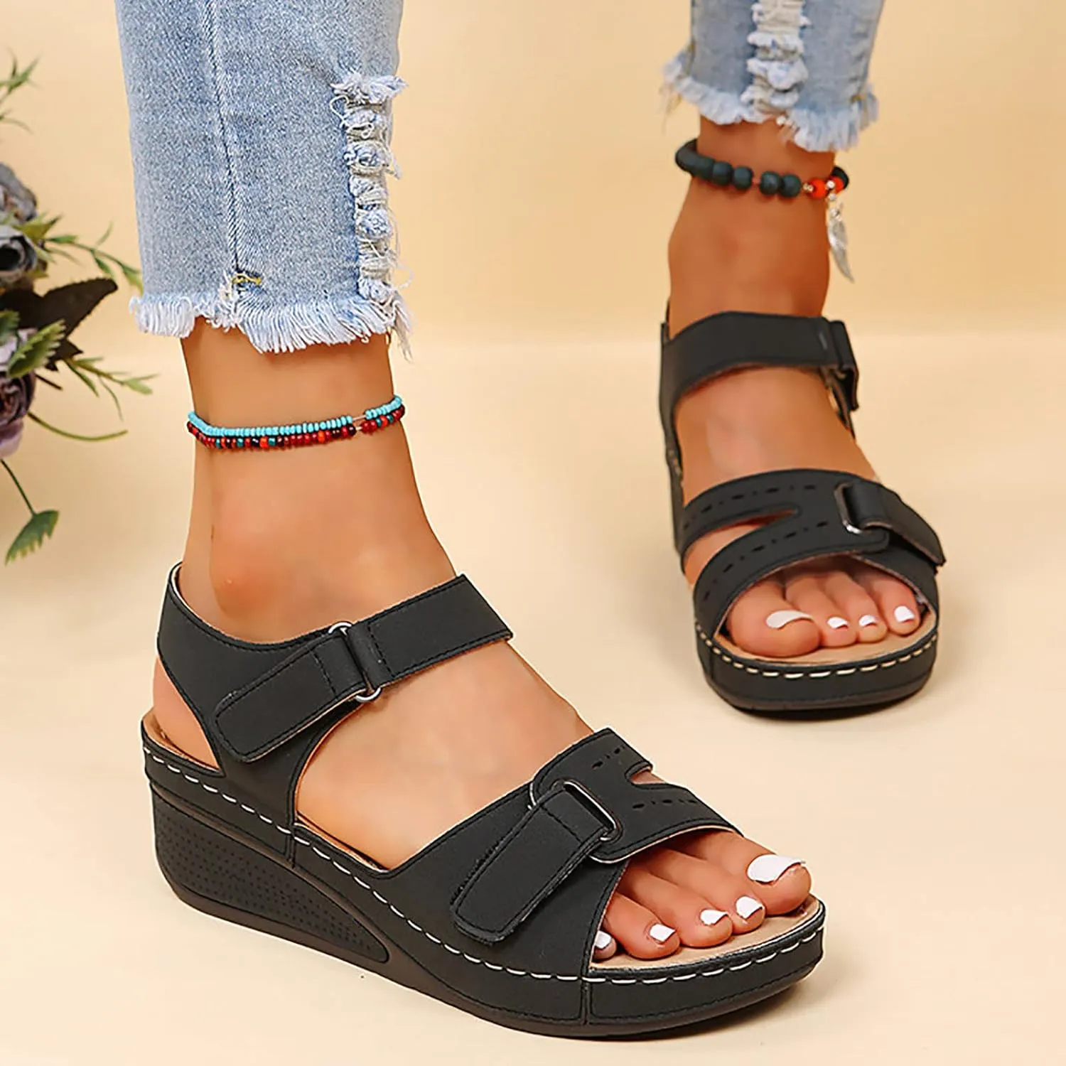 Eduavar Orthopedic Sandals for Women, Womens Sandals Dressy Platform Wedge Sandals Open Toe Sandals with Ankle Strap