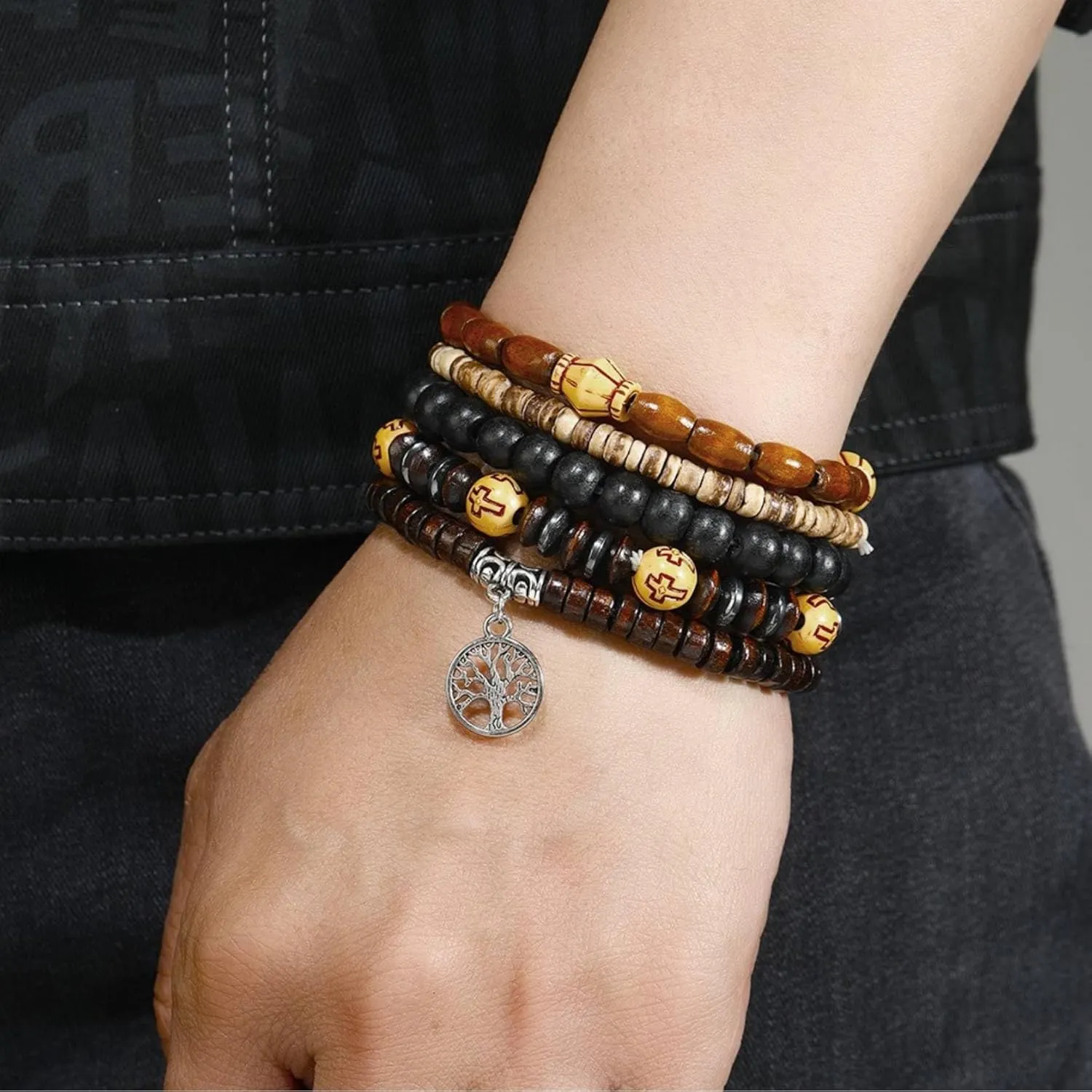 Eigso 6Pcs Wooden Beads Cuff Bracelets for Women Men Unisex Tibetan Buddhist Wrap Wood Wristband Bangle for Woman Man