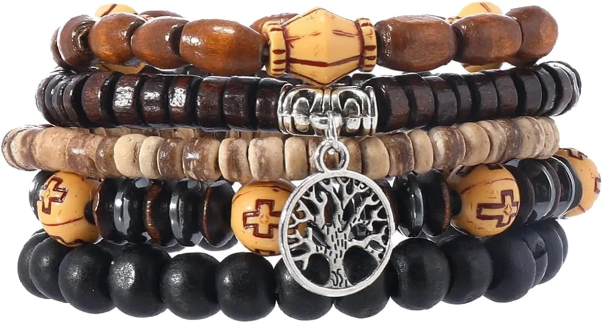 Eigso 6Pcs Wooden Beads Cuff Bracelets for Women Men Unisex Tibetan Buddhist Wrap Wood Wristband Bangle for Woman Man