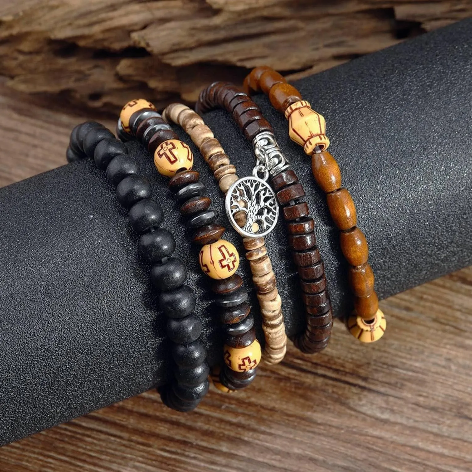 Eigso 6Pcs Wooden Beads Cuff Bracelets for Women Men Unisex Tibetan Buddhist Wrap Wood Wristband Bangle for Woman Man