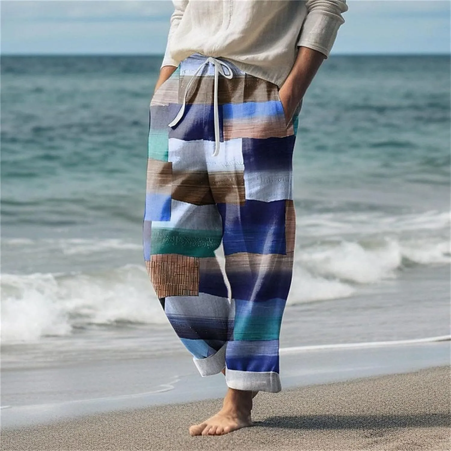 Elastic Waist Summer Beach Trousers Waist Pattern Color Block Geometric Pattern Breathable Soft Elastic Trousers