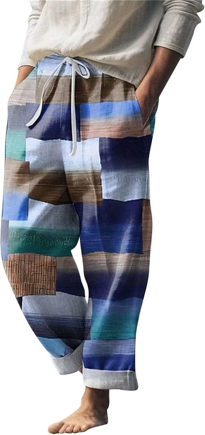 Elastic Waist Summer Beach Trousers Waist Pattern Color Block Geometric Pattern Breathable Soft Elastic Trousers