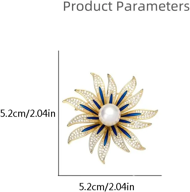 Elegant Sunflower CZ White Pearl Blue Enamel Brooch Lapel Pins for Women Dainty Sparkly Crystal Flower Brooches Pin Fashion Jewelry for Party Banquet Dress Suit Ceremony Clothes Accessories Gifts for Her Thanksgiving