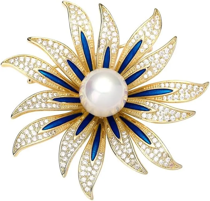 Elegant Sunflower CZ White Pearl Blue Enamel Brooch Lapel Pins for Women Dainty Sparkly Crystal Flower Brooches Pin Fashion Jewelry for Party Banquet Dress Suit Ceremony Clothes Accessories Gifts for Her Thanksgiving