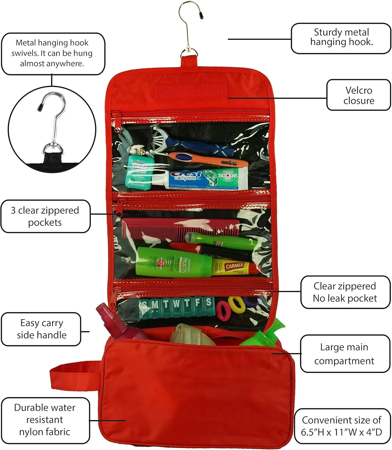 Ensign Peak Hanging Travel Bag with Toiletries Organizer and 360 degree Swivel Hook, Red