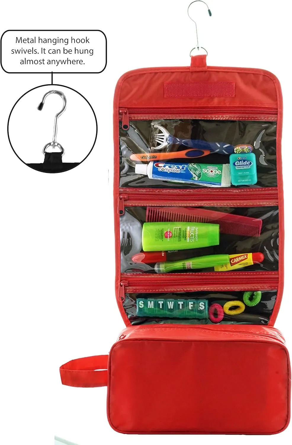 Ensign Peak Hanging Travel Bag with Toiletries Organizer and 360 degree Swivel Hook, Red
