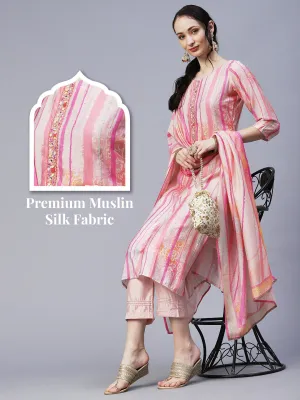 Ethnic & Stripes Printed Straight Fit Kurta with Pant & Dupatta - Pink