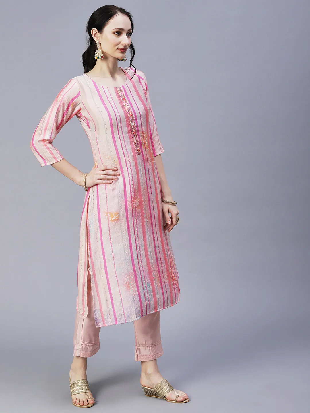 Ethnic & Stripes Printed Straight Fit Kurta with Pant & Dupatta - Pink