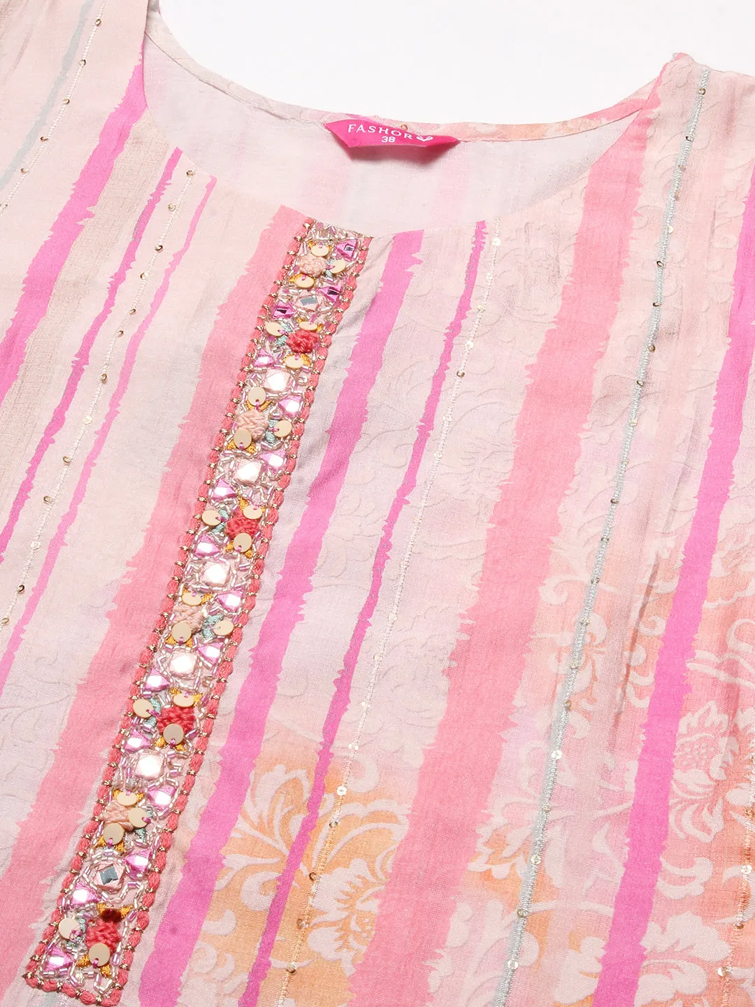Ethnic & Stripes Printed Straight Fit Kurta with Pant & Dupatta - Pink