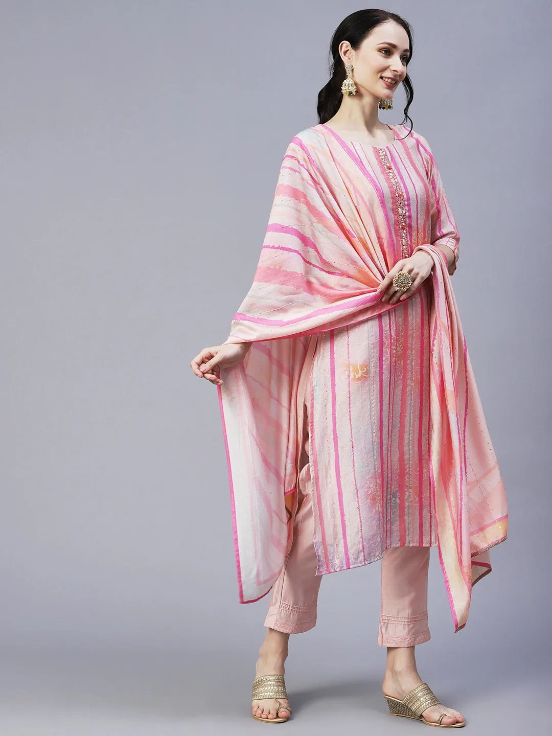 Ethnic & Stripes Printed Straight Fit Kurta with Pant & Dupatta - Pink