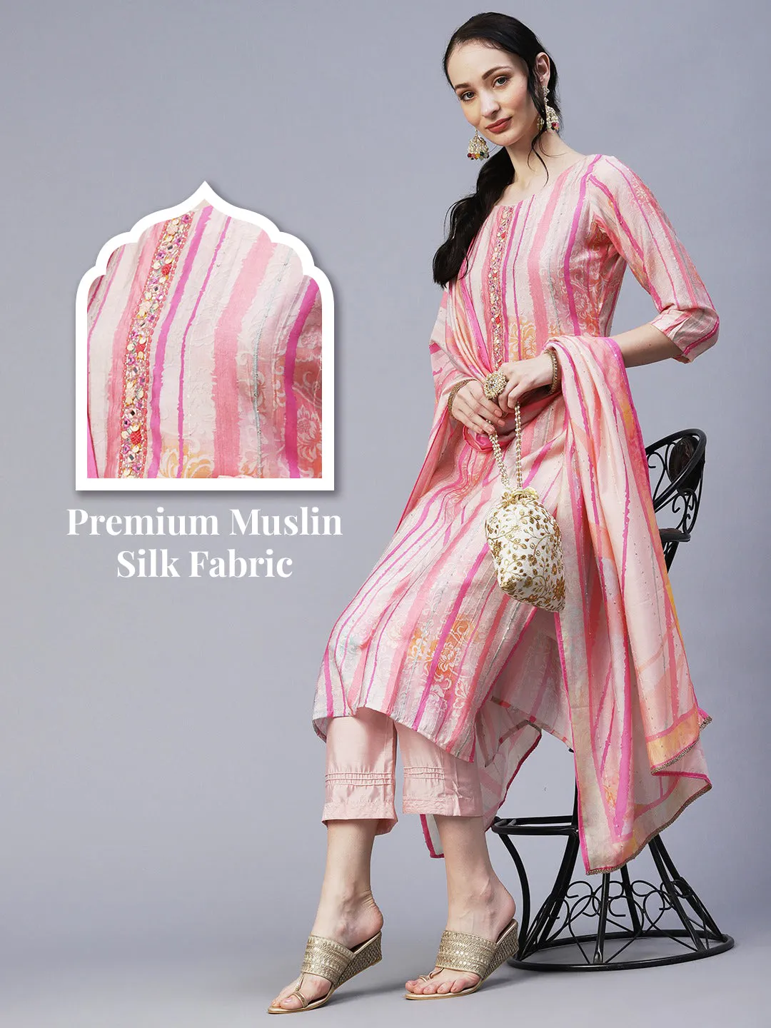 Ethnic & Stripes Printed Straight Fit Kurta with Pant & Dupatta - Pink