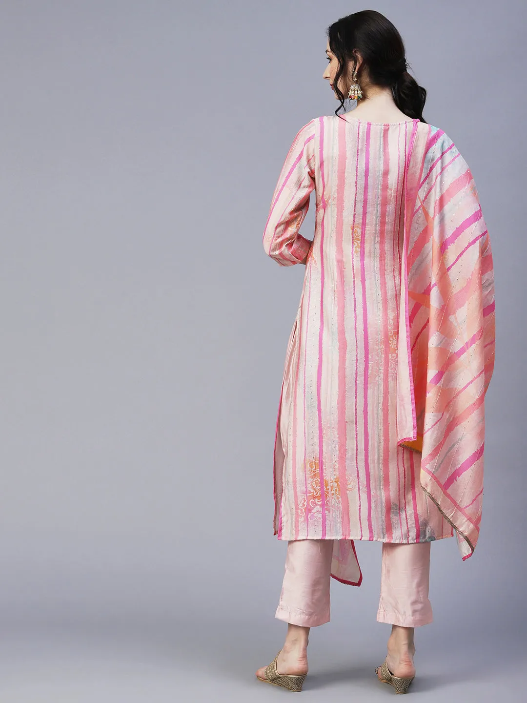 Ethnic & Stripes Printed Straight Fit Kurta with Pant & Dupatta - Pink