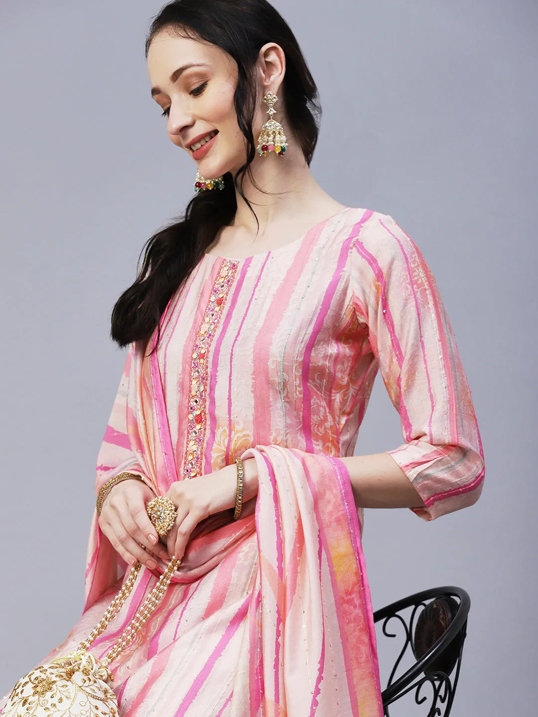 Ethnic & Stripes Printed Straight Fit Kurta with Pant & Dupatta - Pink