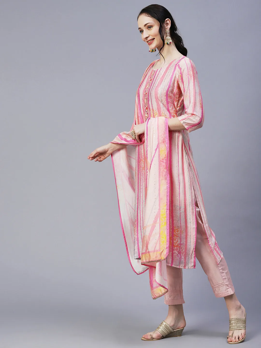 Ethnic & Stripes Printed Straight Fit Kurta with Pant & Dupatta - Pink