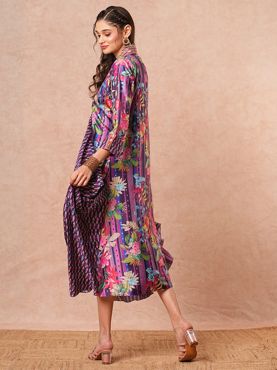 Ethnic Embroidered & Printed A-Line Cowl Maxi Dress - Purple