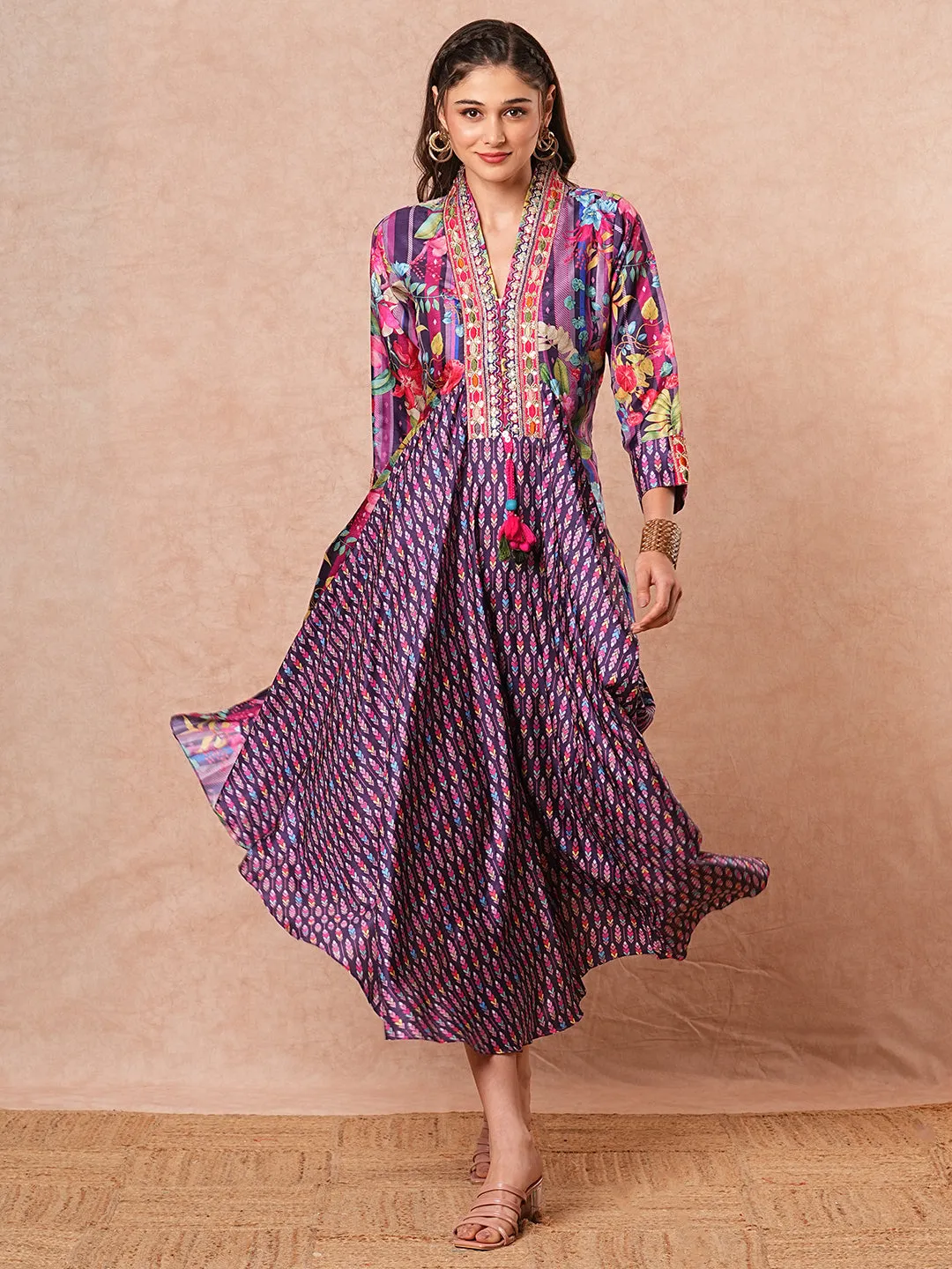 Ethnic Embroidered & Printed A-Line Cowl Maxi Dress - Purple