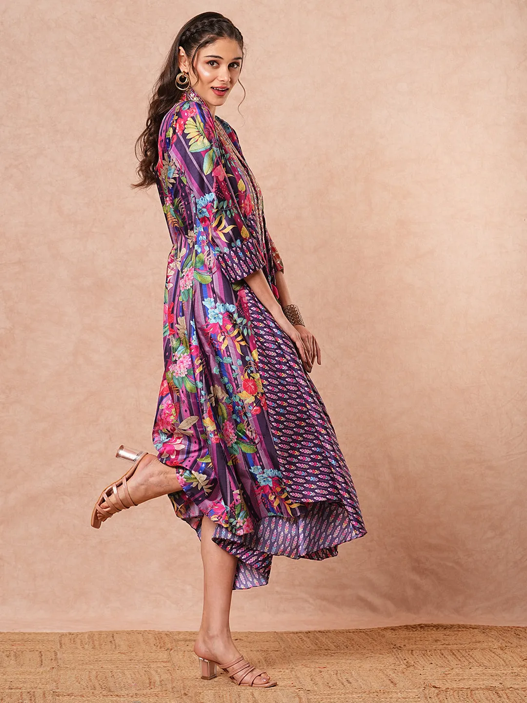 Ethnic Embroidered & Printed A-Line Cowl Maxi Dress - Purple