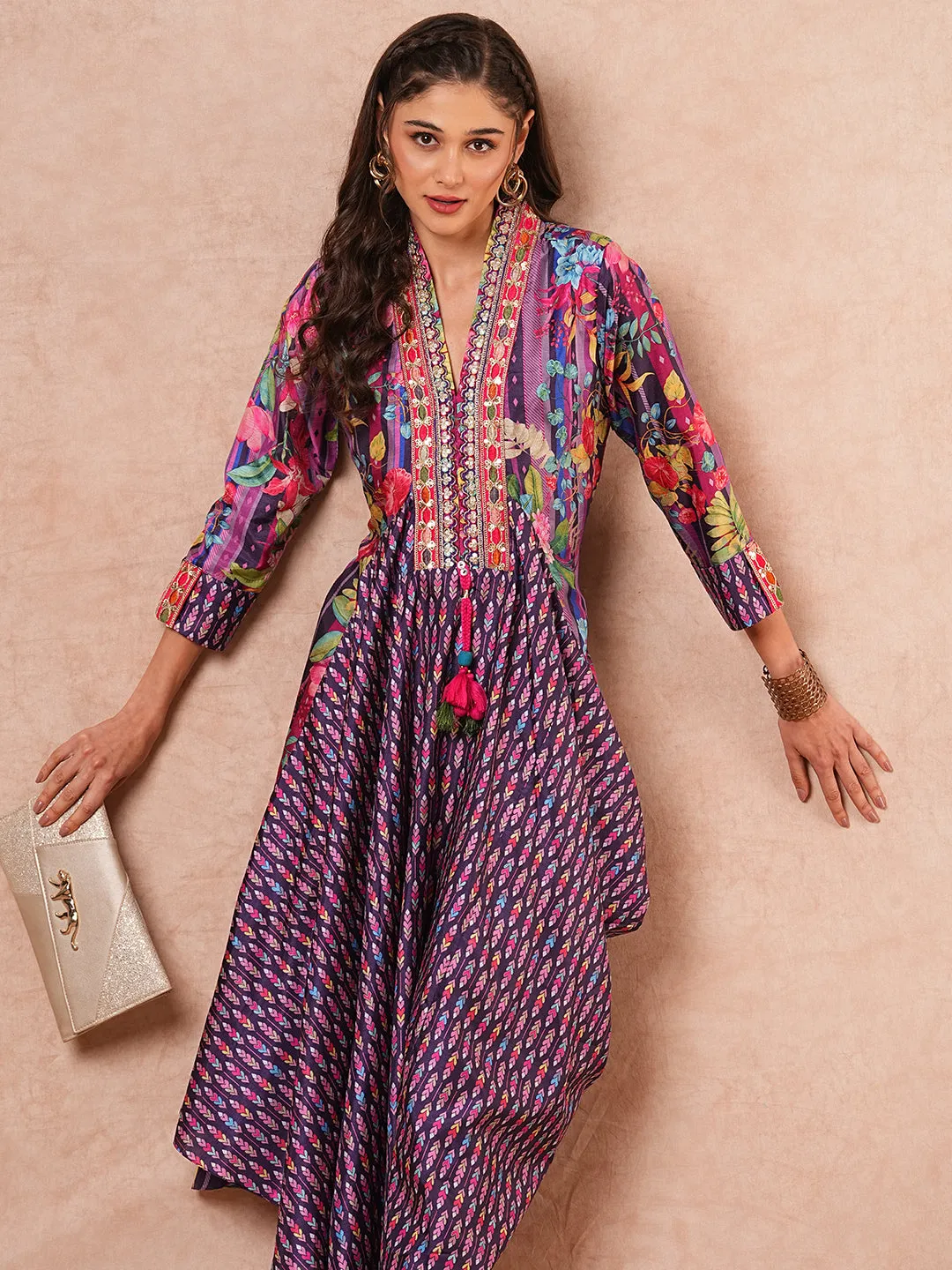 Ethnic Embroidered & Printed A-Line Cowl Maxi Dress - Purple