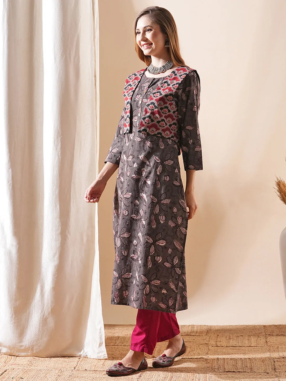 Ethnic Floral Printed Straight Kurta with Ajrakh Printed Jacket - Grey