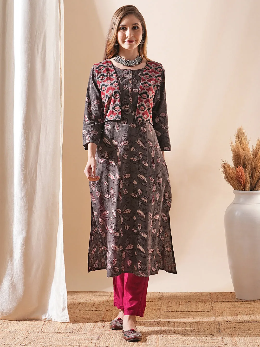 Ethnic Floral Printed Straight Kurta with Ajrakh Printed Jacket - Grey