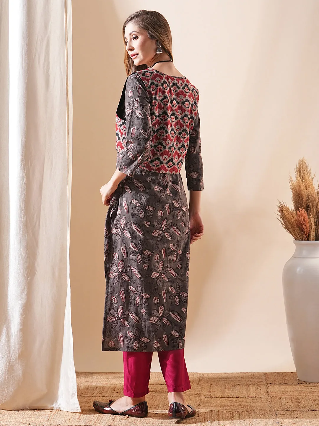 Ethnic Floral Printed Straight Kurta with Ajrakh Printed Jacket - Grey