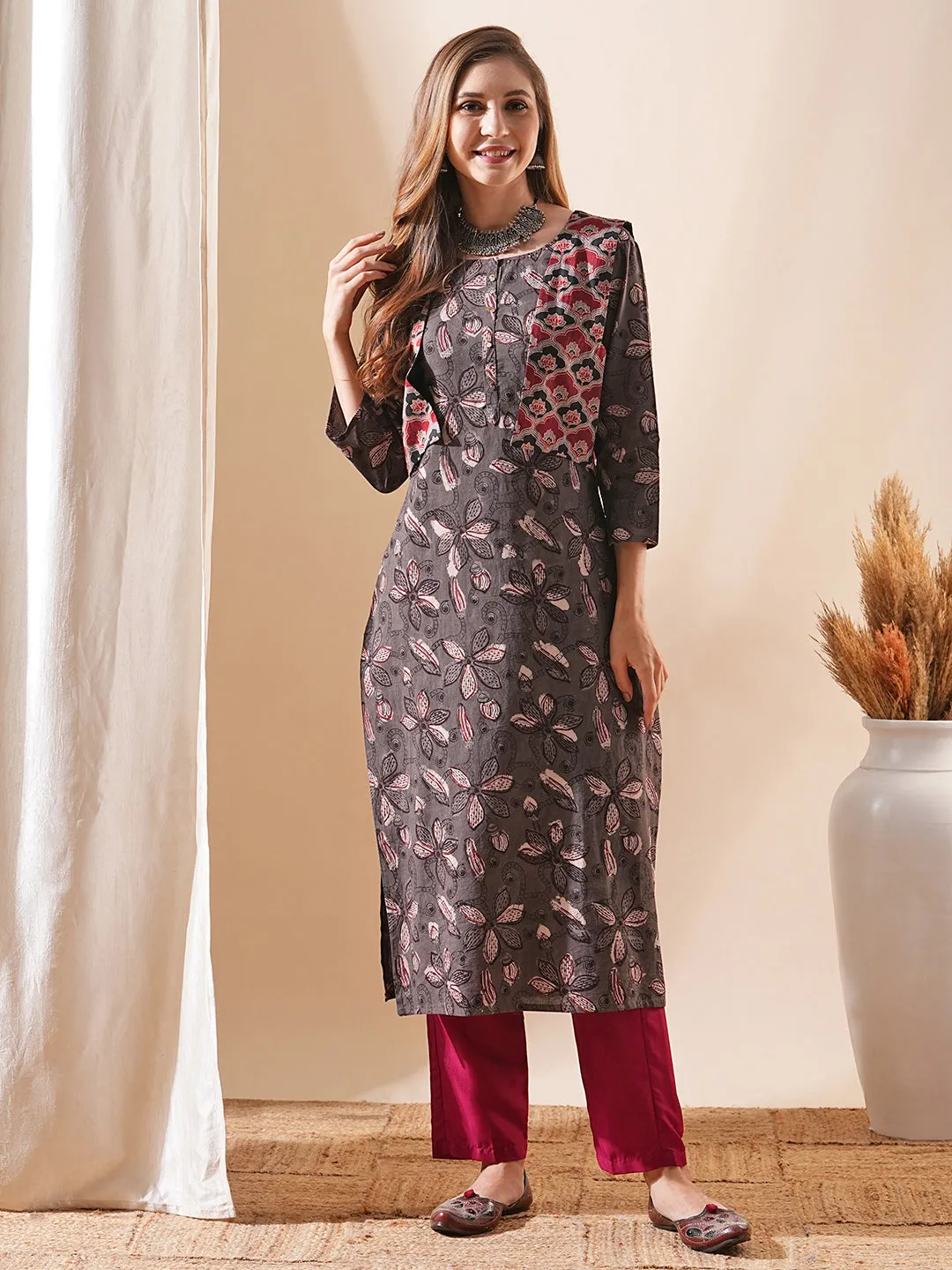 Ethnic Floral Printed Straight Kurta with Ajrakh Printed Jacket - Grey