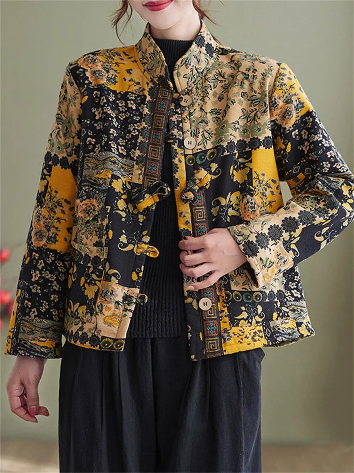 Ethnic Style Plush Liner Stand Collar Retro Print Jacket