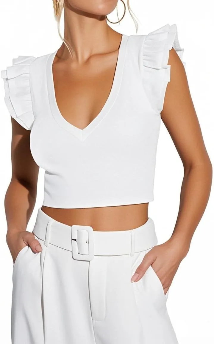 Ezbelle Women's Summer Shirts V Neck Crop Tops Ribbed Knit Tank Ruffle Sleeveless Top Sexy Blouse Ladies Clothes 2025