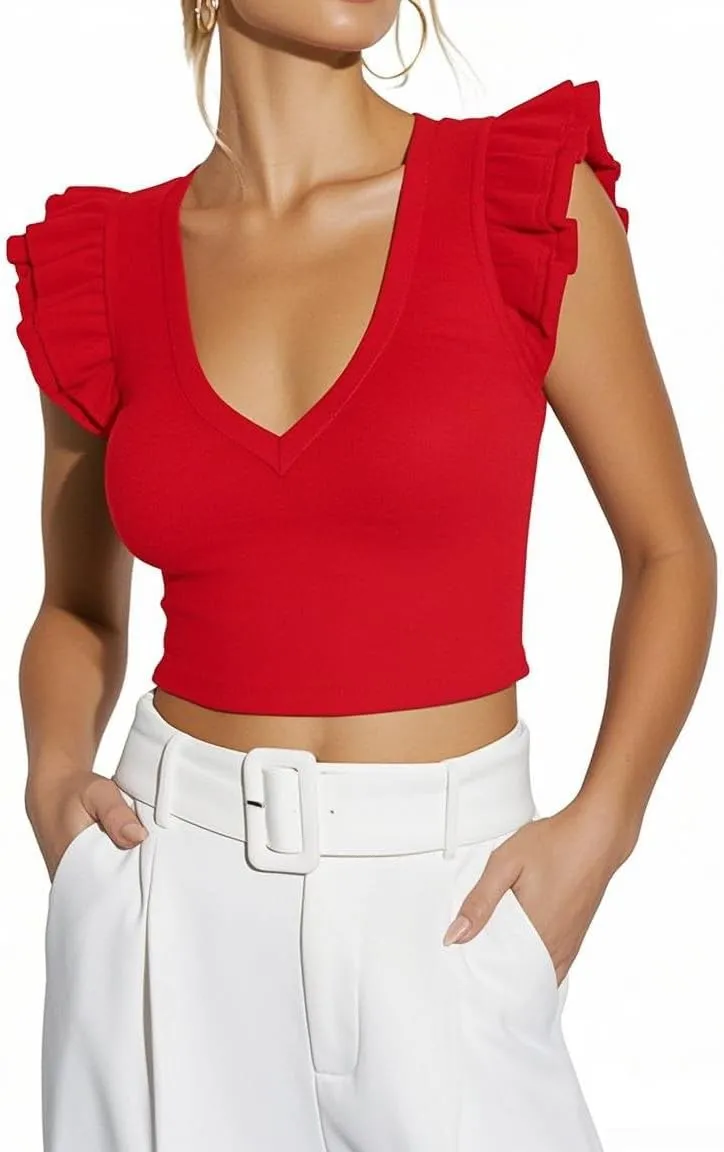Ezbelle Women's Summer Shirts V Neck Crop Tops Ribbed Knit Tank Ruffle Sleeveless Top Sexy Blouse Ladies Clothes 2025