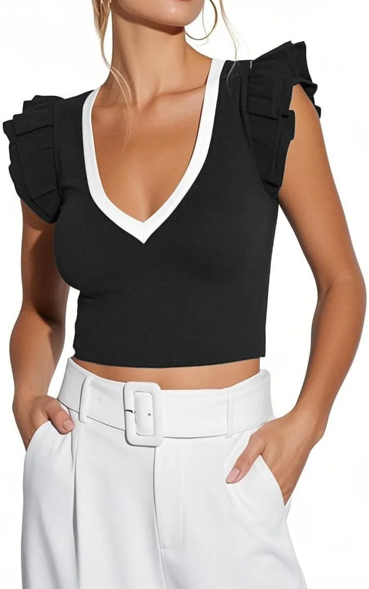 Ezbelle Women's Summer Shirts V Neck Crop Tops Ribbed Knit Tank Ruffle Sleeveless Top Sexy Blouse Ladies Clothes 2025