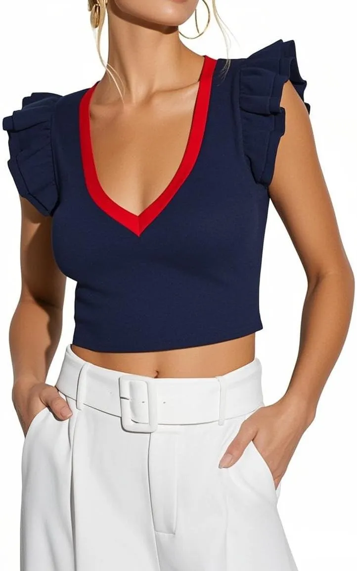 Ezbelle Women's Summer Shirts V Neck Crop Tops Ribbed Knit Tank Ruffle Sleeveless Top Sexy Blouse Ladies Clothes 2025