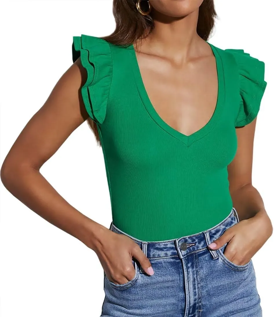 Ezbelle Women's Summer Sleeveless Tops V Neck Ruffle Shirts Ribbed Knit Tank Top Sexy Blouse Ladies Clothes 2025