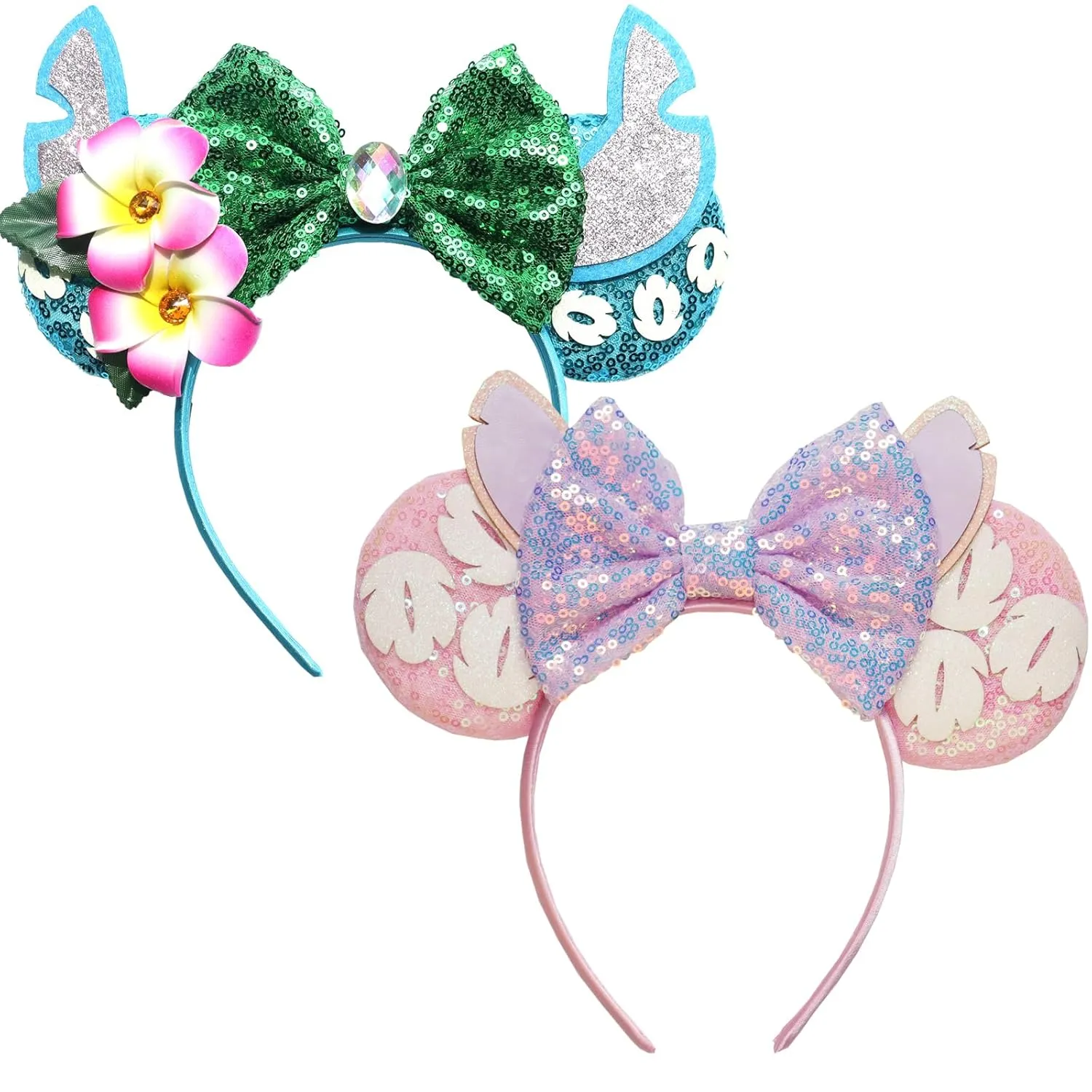 FACHPINT Stitch Ears Headband 2pcs Pink Ears/Blue Mouse Ears for Theme Parks, Cute Stitch Ears for Girl Boy Photo Props, Sequin Mini Ears for Stitch Angel Party Decoration