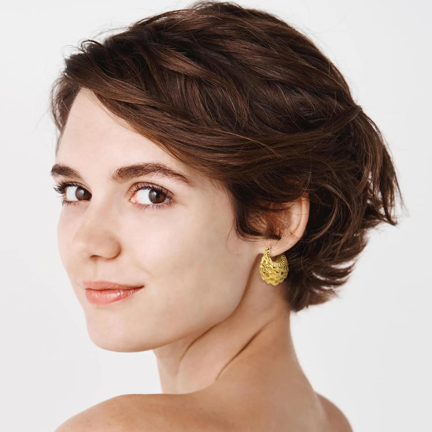 Filigree Earrings,XILAZAB Vintage Filigree Hoop Earrings Oval Hollowed Gold Plated Dangle Earrings Click-Top Boho Yellow Fashion Earrings for Women