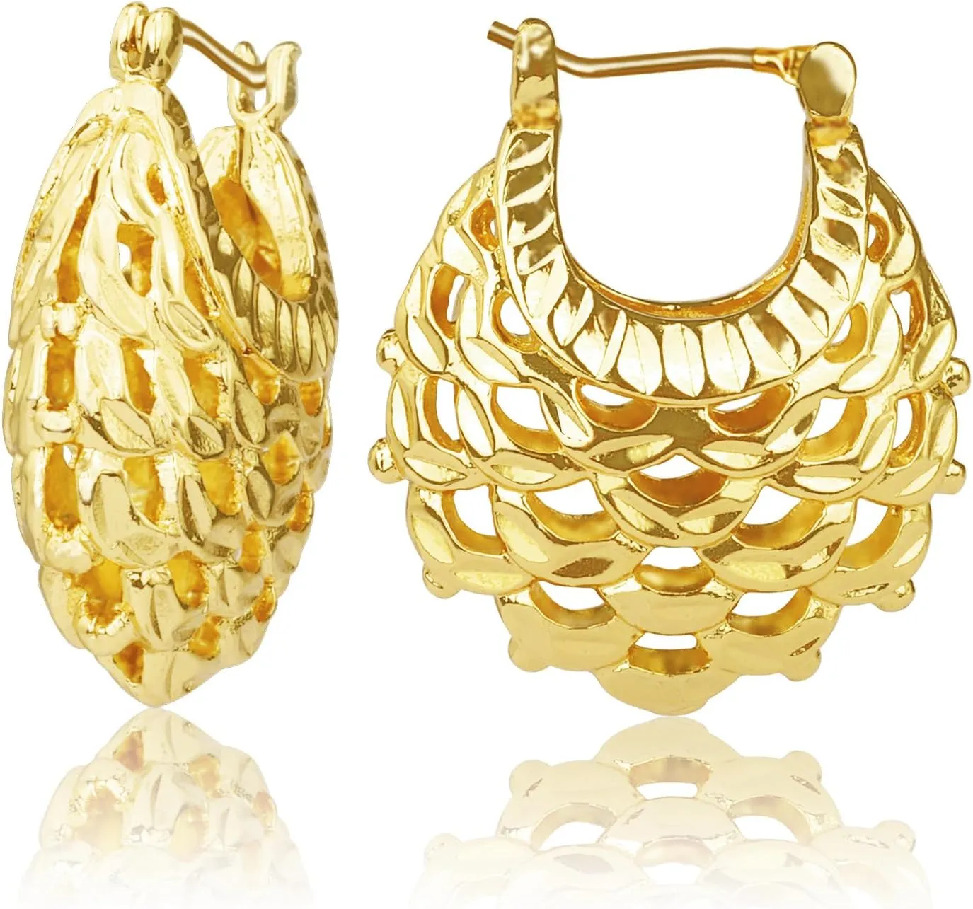 Filigree Earrings,XILAZAB Vintage Filigree Hoop Earrings Oval Hollowed Gold Plated Dangle Earrings Click-Top Boho Yellow Fashion Earrings for Women