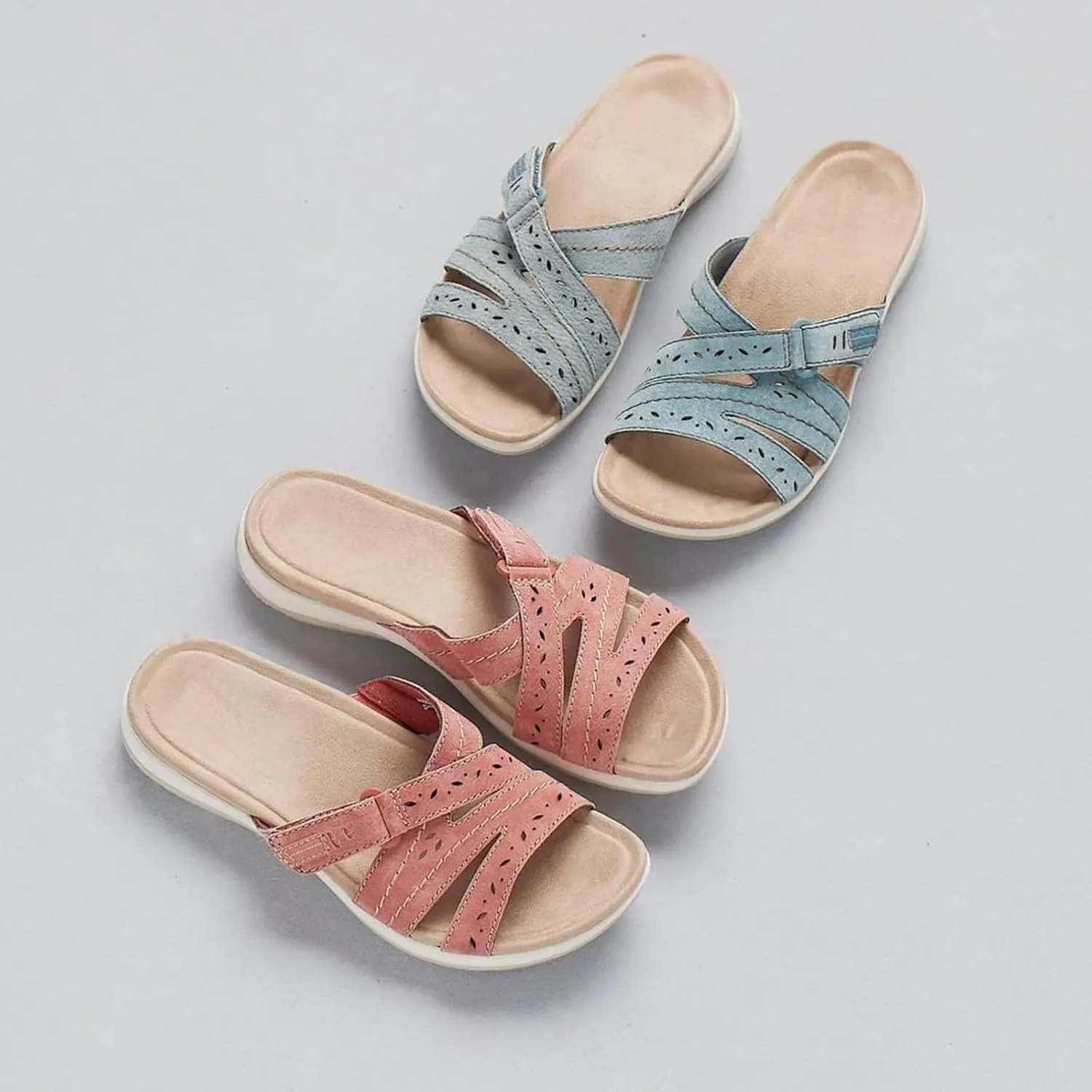 Flat Sandal for Women Summer, Arch Support Comfort Plantar Fasciitis Soft Cushion Slippers Open Toe Casual Yoga Mat Slip On Beach Vacation Flats Slide with Adjustable Straps