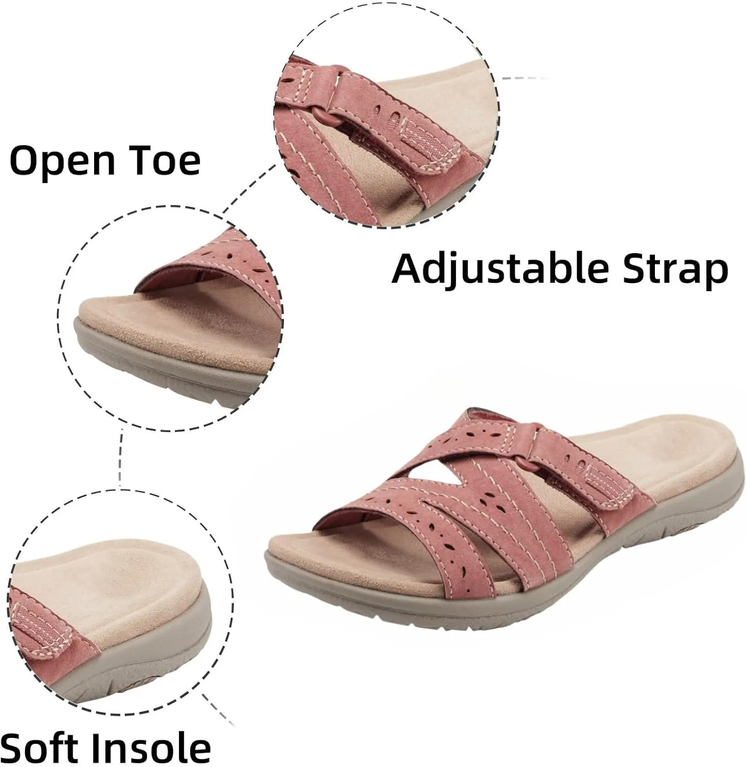 Flat Sandal for Women Summer, Arch Support Comfort Plantar Fasciitis Soft Cushion Slippers Open Toe Casual Yoga Mat Slip On Beach Vacation Flats Slide with Adjustable Straps