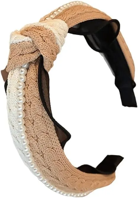 FMURY Net Yarn Braided Yarn Color Contrast Knotted Pearl Headband High Headband Hair Accessory Woman