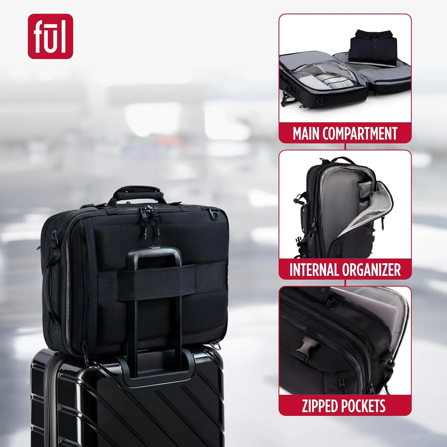 FUL Ridge Collection 18 Inch Laptop Backpack, Cruiser Padded Computer Bag for Commute or Travel, Black, One Size
